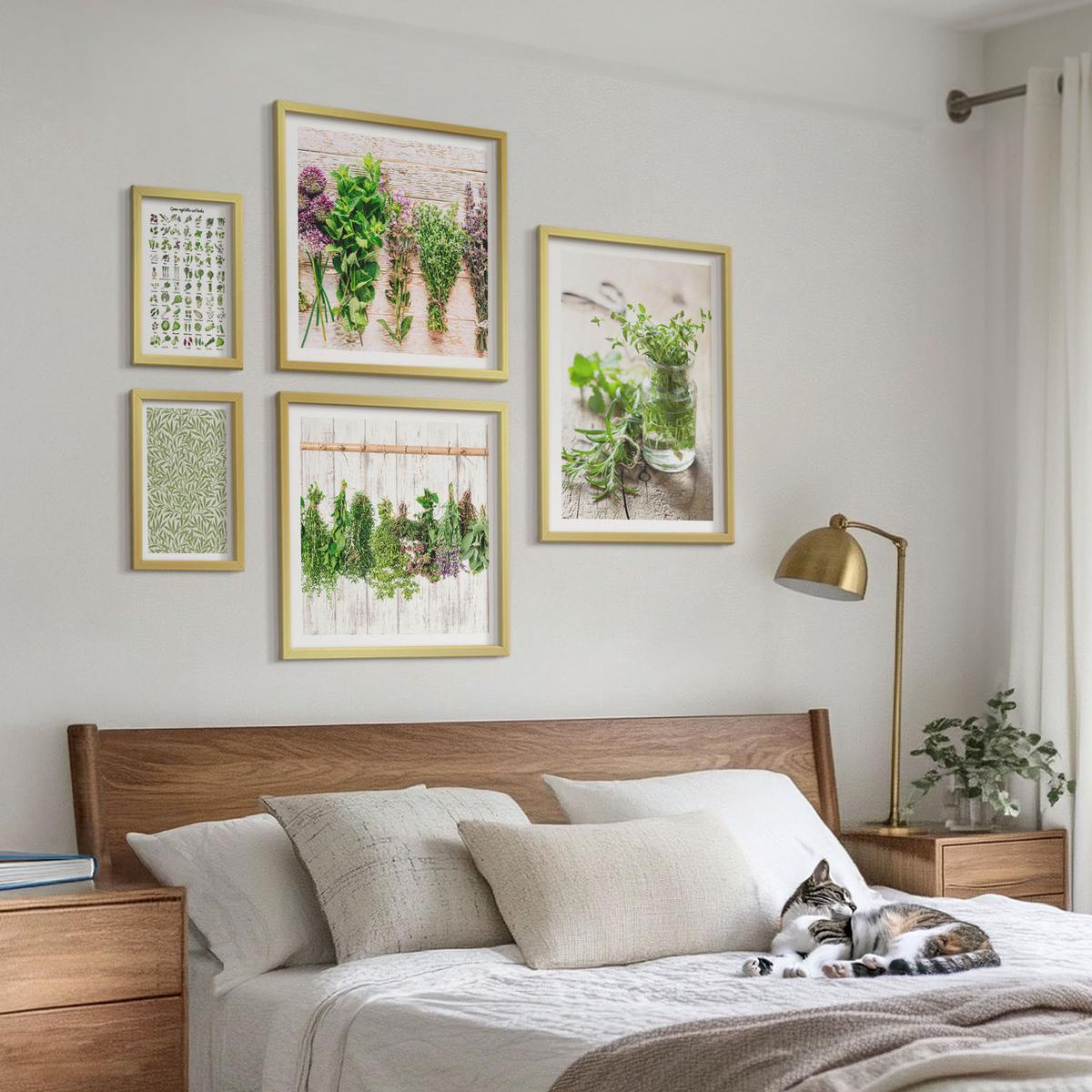 BILDER SET 5er Set - 50x50 cm & 20x30 cm & 40x60 cm Goldrahmen - Getrocknete Kräuter für die Küche - Goldfarben, Kunststoff (40/60cm) - TULUP