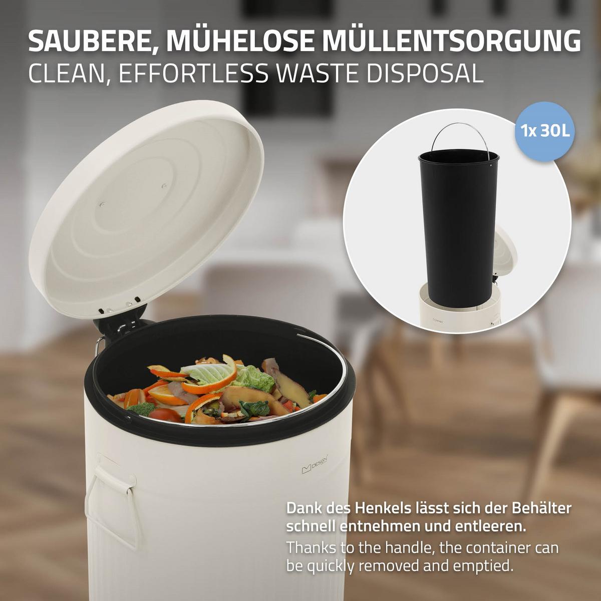 MÜLLEIMER Küche 30L Abfalleimer mit Fußpedal & Softclose-Deckel Beige aus Stahl - Beige, Metall (31/68/37cm) - ML-DESIGN