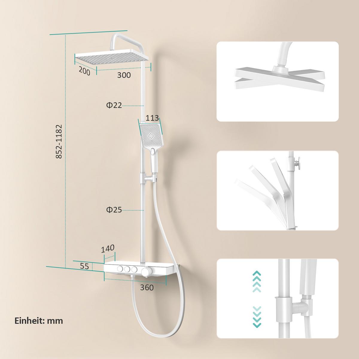 ÜBERKOPFBRAUSESET mit Thermostat höhenverstellbar Weiß 112,7/46 cm - Weiß, Metall (36/118/48.7cm) - EMKE