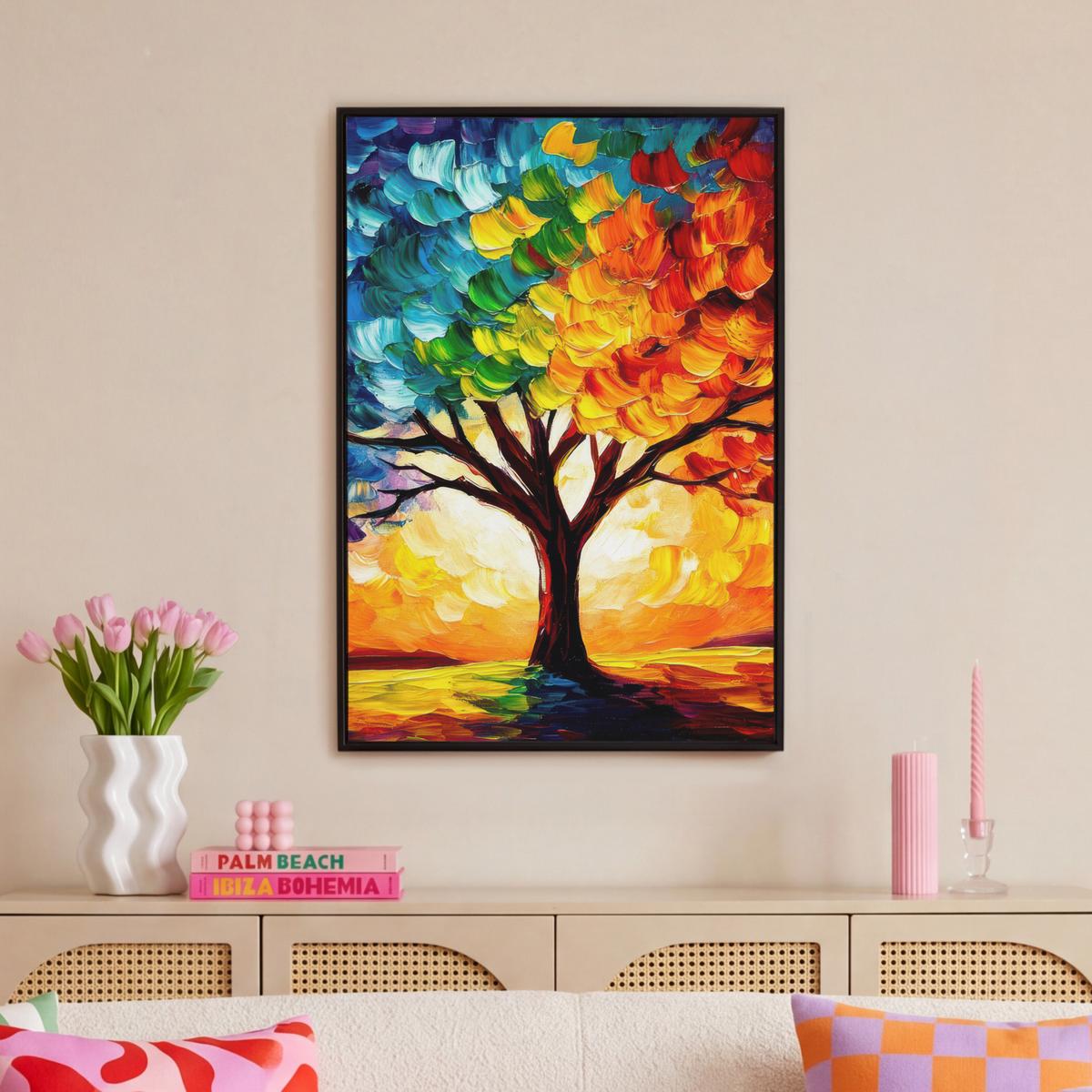 LEINWAND Bilder mit Rahmen - Baum - Kunst - Natur - Sonnenuntergang - 60x90 - Multicolor, Textil (60/90cm) - MuchoWow