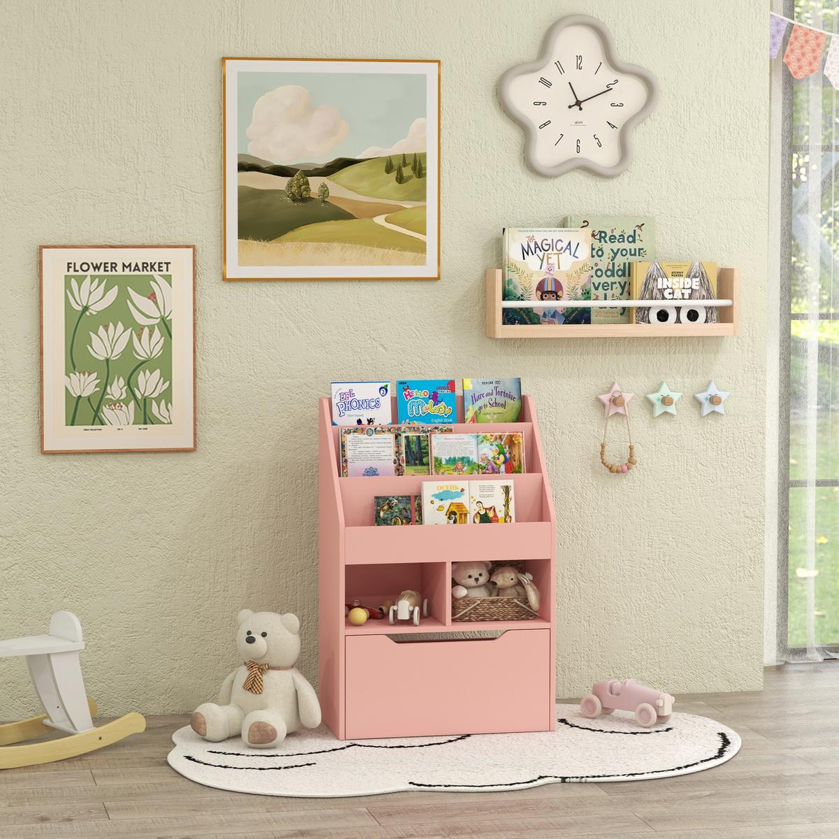 KINDER Bücherregal Kinderregal mit Schublade, 3 Ablagefächern, 2 offenen Fächern - Rosa, Holzwerkstoff (29.9/90/60cm) - HOMCOM
