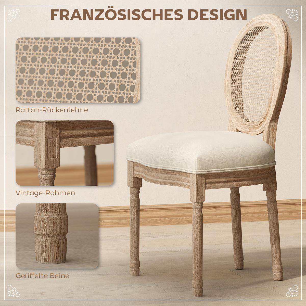 2ER Set Esszimmerstühle Küchenstuhl mit Rattan-Rückenlehne Linen-Touch - Creme/Naturfarben, Holz/Textil (56/96/49cm) - HOMCOM