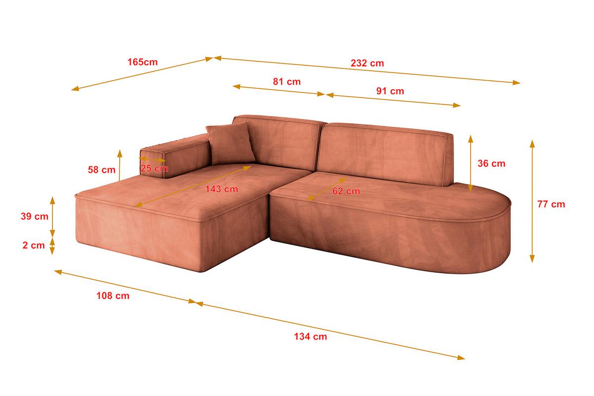 ECKSOFA Ottomane Links IREA-L1-v4 - 232x165x77 cm Apricot - Koralle, Holzwerkstoff/Textil (232/165cm) - ALTDECOR