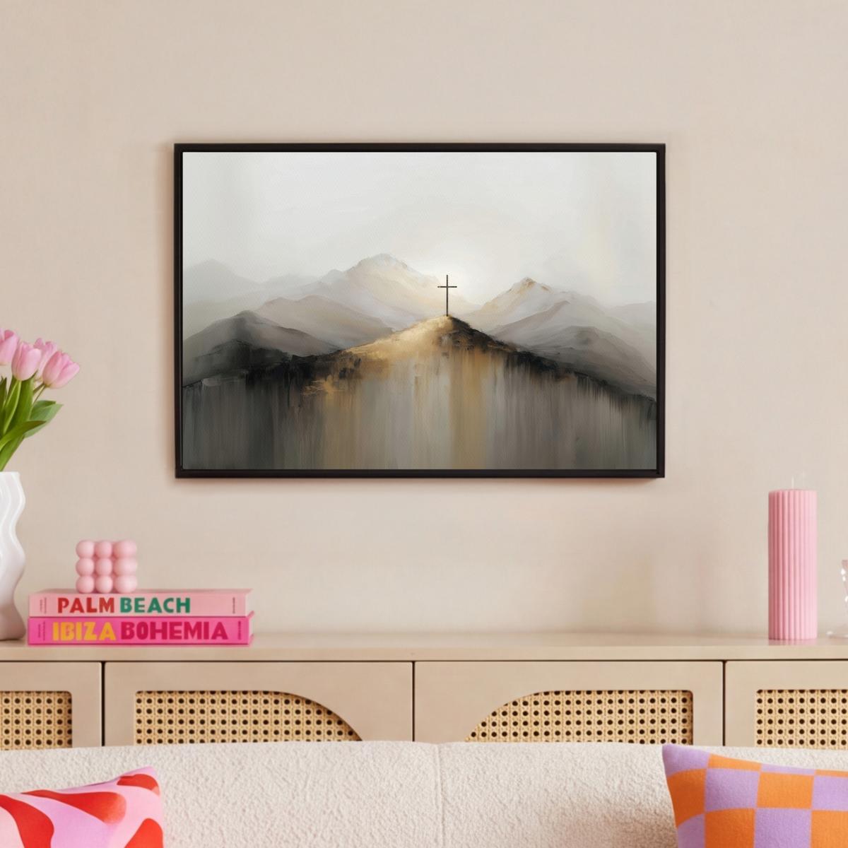 LEINWAND Bilder mit Rahmen - Hügel - Abstrakt - Kreuz - Christentum - 60x40 - Beige, Textil (60/40cm) - MuchoWow