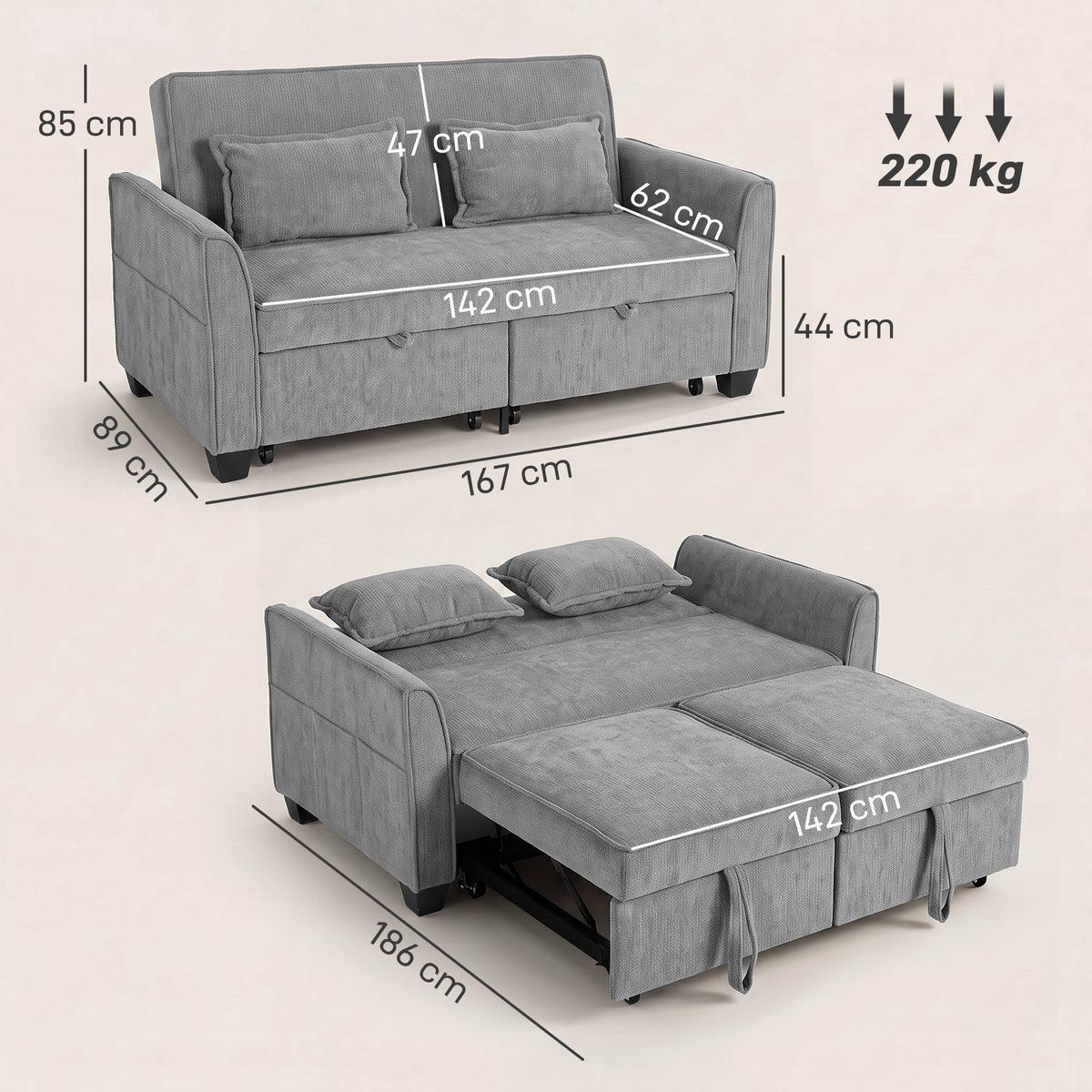 SCHLAFSOFA Polyester Grau - Grau, Kunststoff/Textil (89/85/167cm) - HOMCOM