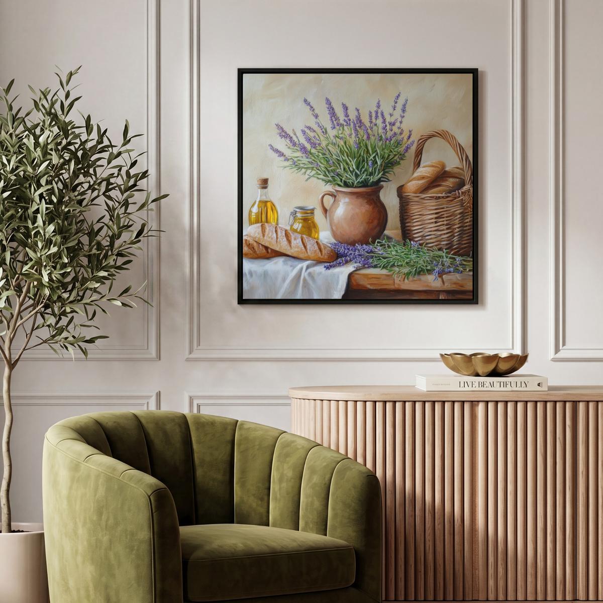 LEINWAND Bilder mit Rahmen - Lavendel - Brot - Stilleben - 50x50 - Flieder, Textil (50/50cm) - MuchoWow