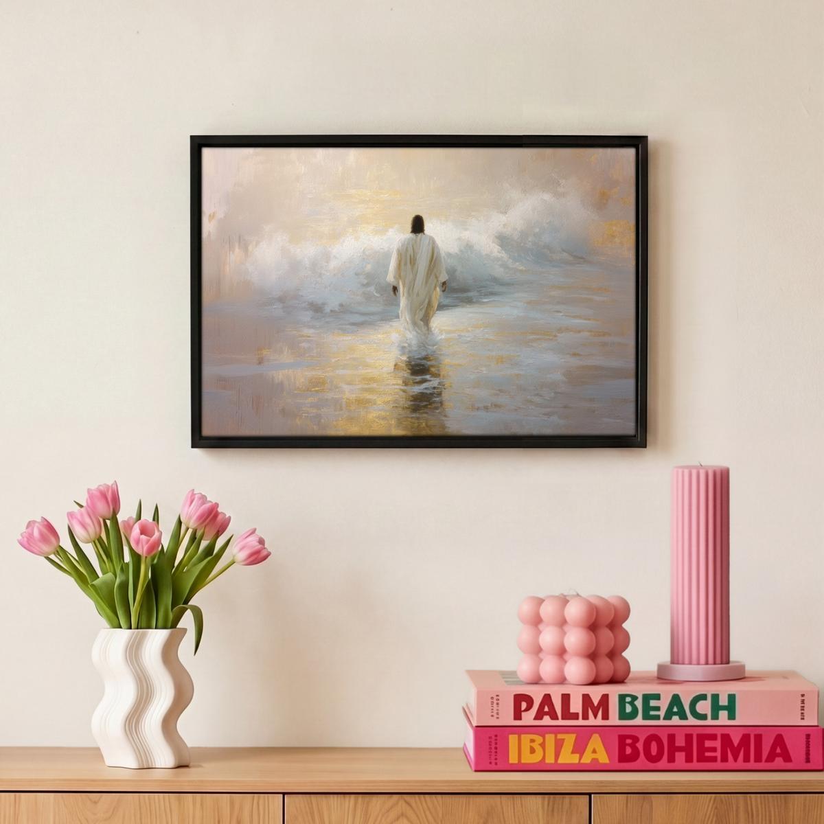LEINWAND Bilder mit Rahmen - Gemälde - Welle - Jesus - Abstrakt - 30x20 - Goldfarben, Textil (30/20cm) - MuchoWow