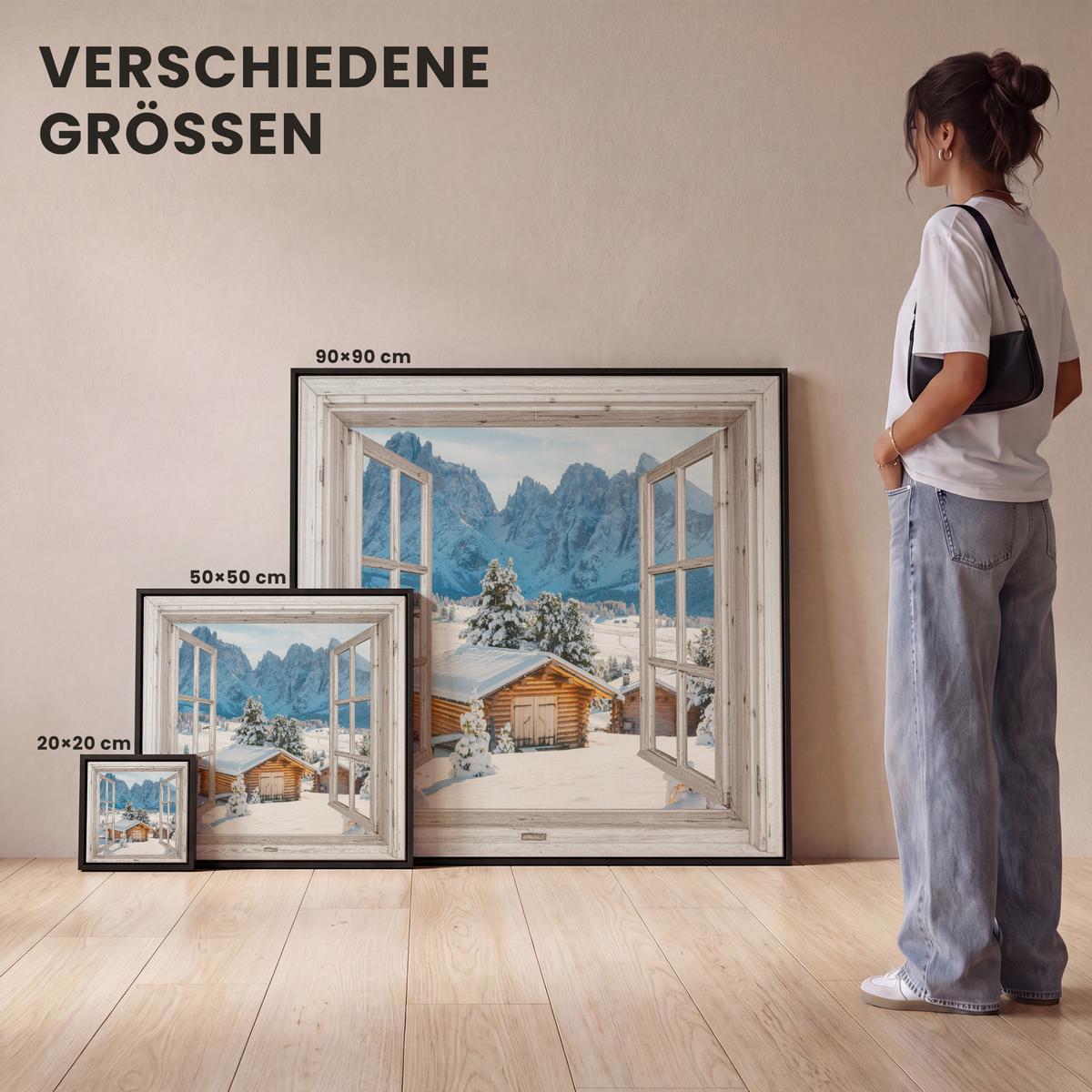 LEINWAND Bilder mit Rahmen - Winterlandschaft - Hütte - Berge - Ausblicke - Aussicht - Natur - 20x20 - Weiß Hochglanz, Textil (20/20cm) - MuchoWow