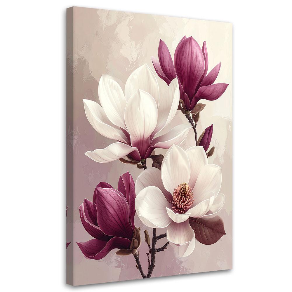 LEINWANDBILD, Weiße Magnolien mit burgunderroten Knospen auf hellem Hintergrund - Lila, Textil (40/60cm) - Feeby