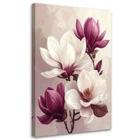 LEINWANDBILD, Weiße Magnolien mit burgunderroten Knospen auf hellem Hintergrund - Lila, Textil (40/60cm) - Feeby