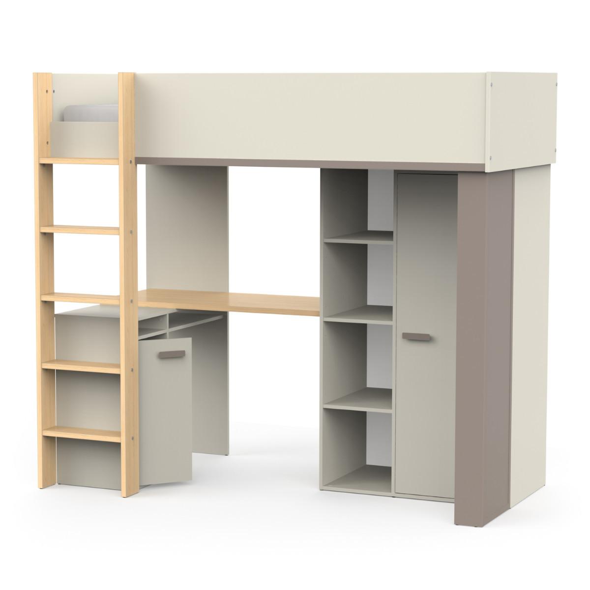 HOCHBETT mit schreibtisch und kleiderschrank - camillia 205,9/104,1/183 cm - Eichefarben/Grau, Holzwerkstoff - Calicosy
