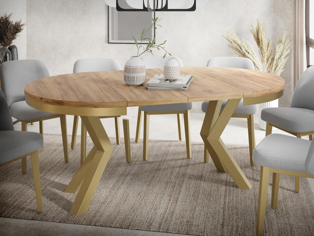 ESSTISCH Clara Gold runder ausziehbarer, Craft Eiche 120-200/120/76 cm - Eiche Wotan/Goldfarben, Holzwerkstoff/Metall (120/196/76cm) - WFL GROUP