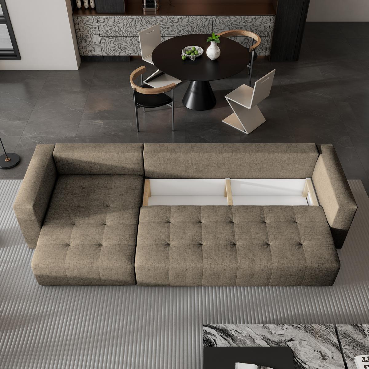 ECKSOFA OLVERA Braun Geflochtener Stoff mit Schlaffunktion - Braun, Holz (347/148cm) - MASSENO
