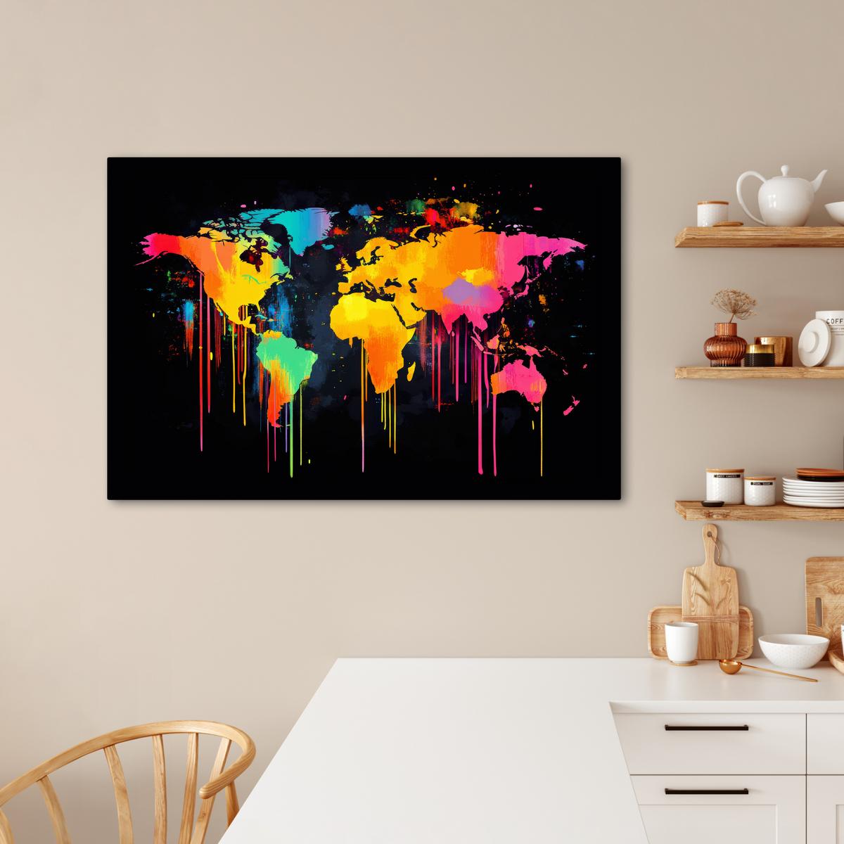 LEINWANDBILD Weltkarte - Farbe - Bunt - Graffiti - Welt Wohnzimmer Groß 120x80 cm - Multicolor, Textil (120/80cm) - MuchoWow