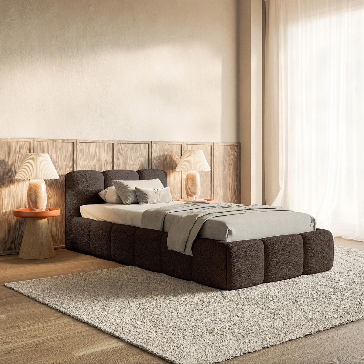 POLSTERBETT Cloudy Low Braun Bouclé, Bettkasten & Lattenrost, 90x200 cm - Schwarz/Braun, Kunststoff/Textil (90/200cm) - Selsey