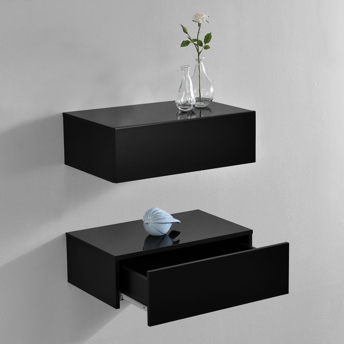 NACHTTISCH Oslo, 2er Set, hängend, mit Schublade - Schwarz, Holzwerkstoff (46/15/30cm) - [en.casa]