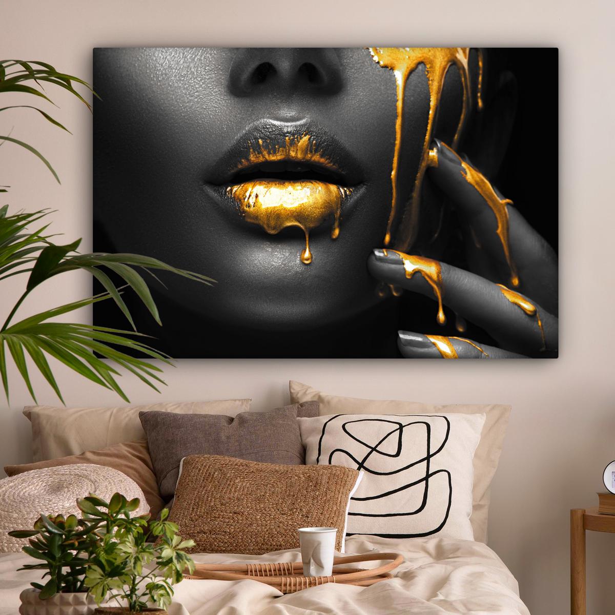 LEINWANDBILD Frau - Schwarz - Gold - Gesicht - Lippen Groß 140x90 cm - Goldfarben, Textil (140/90cm) - MuchoWow