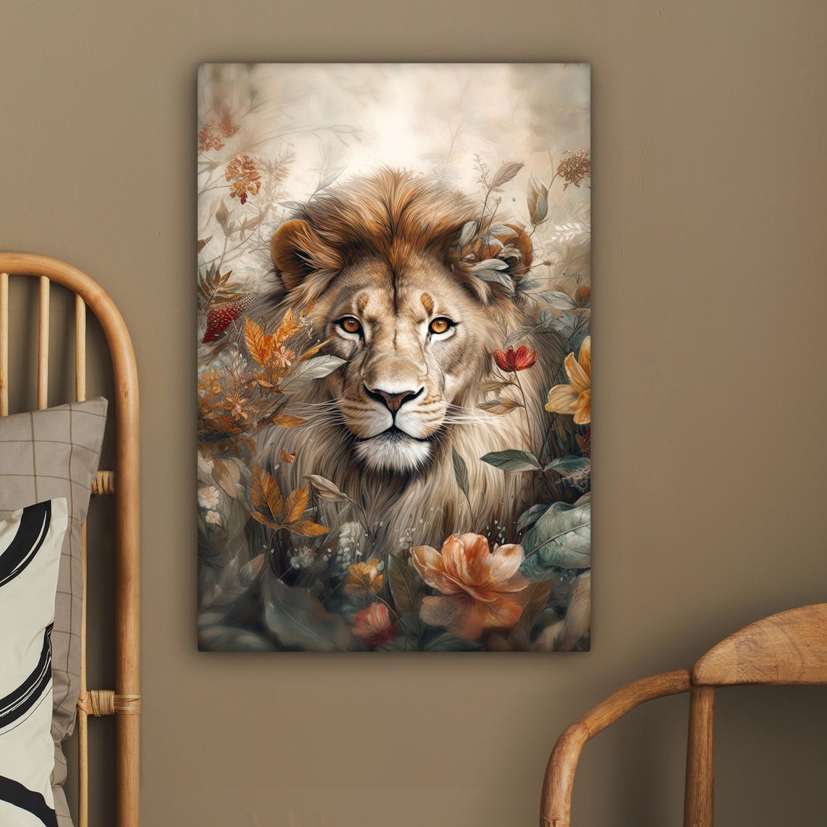 LEINWANDBILD Löwe - Wildtiere - Pflanzen - Natur - Blumen Wanddeko Schlafzimmer 60x90 cm - Beige, Textil (60/90cm) - MuchoWow