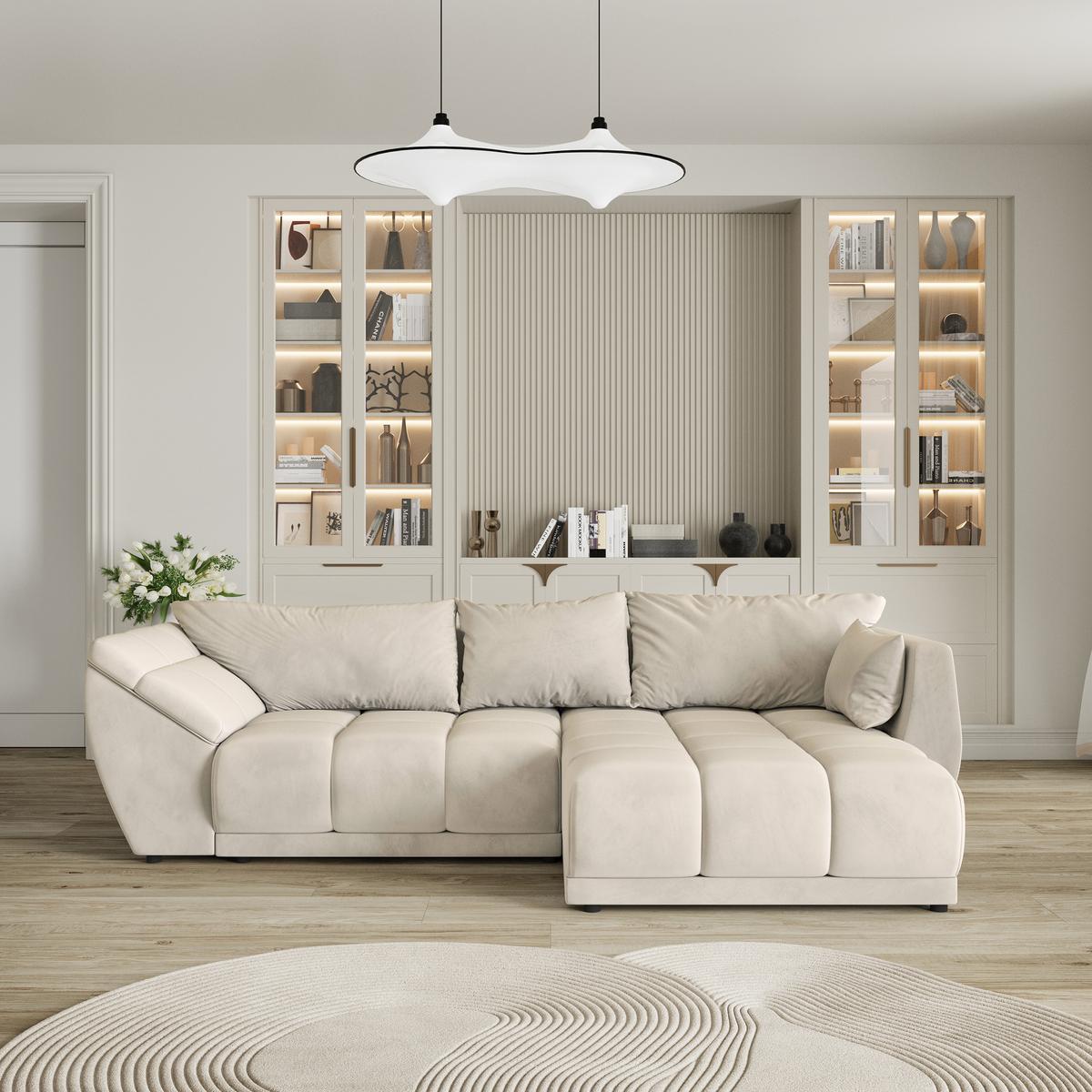 ECKSOFA ORENTI R-S Creme Velours-Stoff mit Schlaffunktion - Creme, Holz (287/182cm) - MASSENO