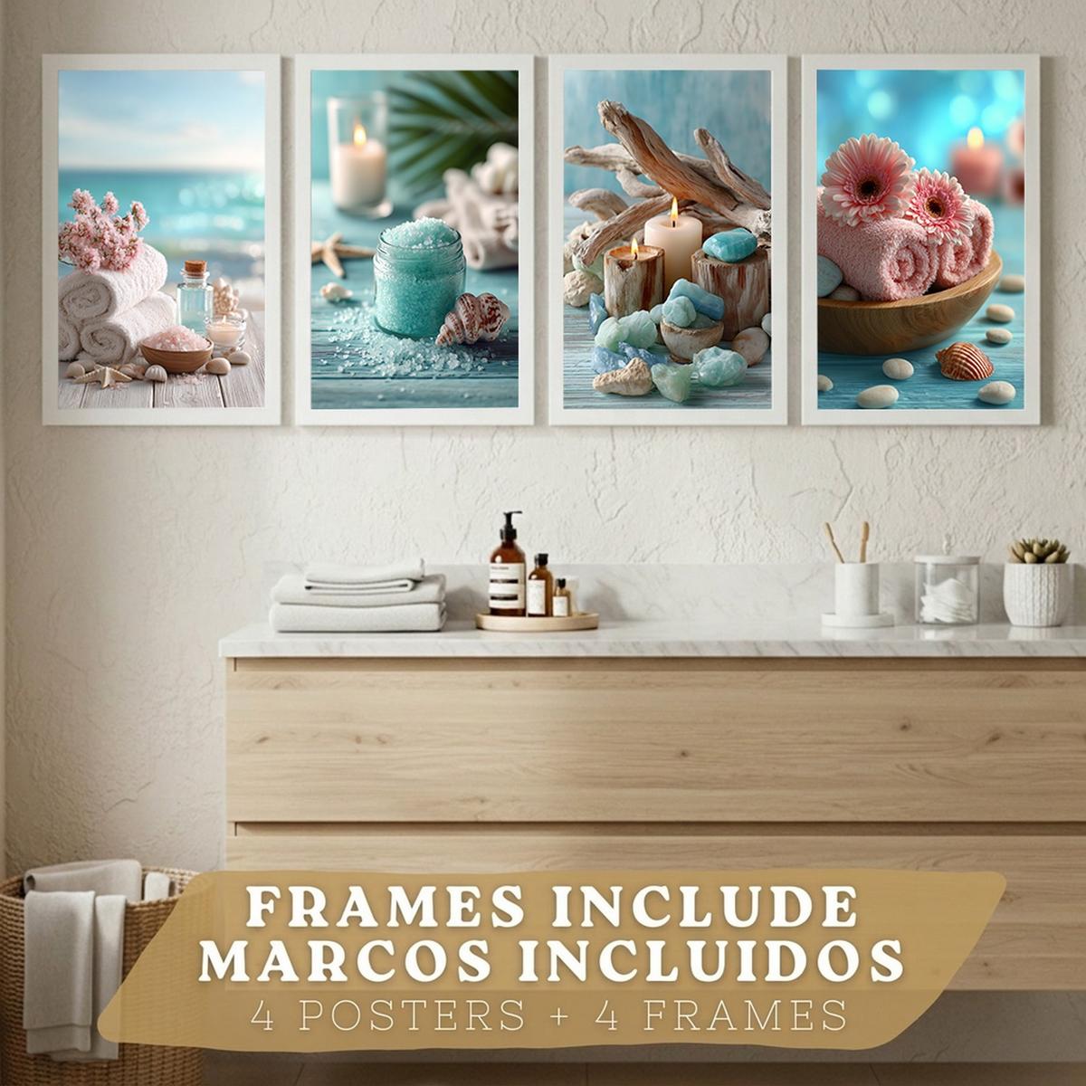 POSTER 4er-Set Badezimmer-Wandposter, Strand-Spa-Poster für Waschbecken, Dusche, WC mit Muscheln, Kerzen, Handtüchern und Meersalz Weißer Rahmen A3 - Weiß, Papier (42/29.7/3cm) - Nacnic