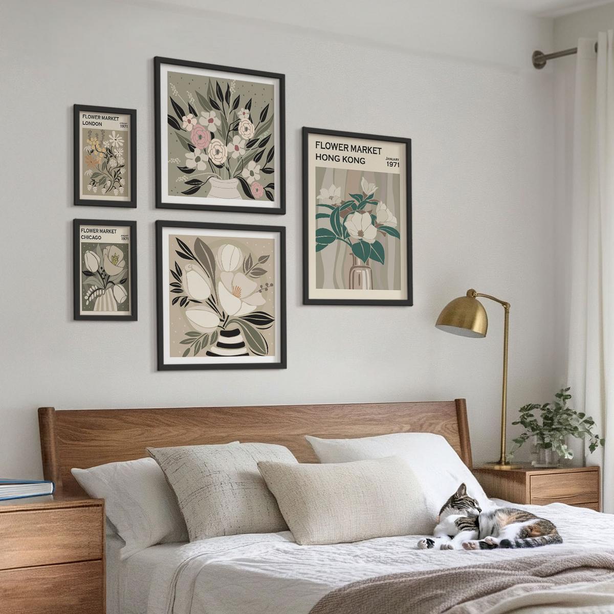 BILDER SET 5er Set - 50x50 cm & 20x30 cm & 40x60 cm Schwarzer Rahmen - Blumenillustrationen London Hongkong - Schwarz, Kunststoff (40/60cm) - TULUP