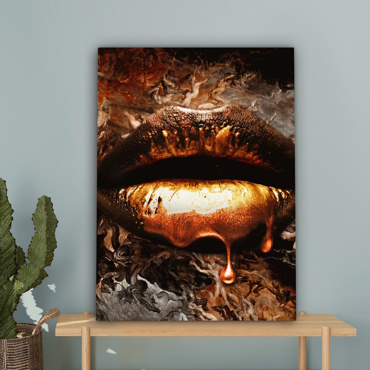 LEINWANDBILD Gold - Lippen - Kunst - Gold - Luxus - Abstrakt Wandbild Wohnzimmer 60x80 cm - Kupferfarben, Textil (60/80cm) - MuchoWow