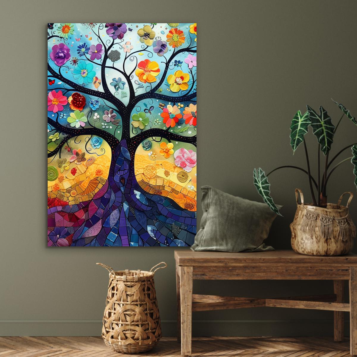 METALLBILD Kunst - Baum des Lebens - Blumen - Hippie 80x120 cm - Dunkelblau, Metall (80/120cm) - MuchoWow