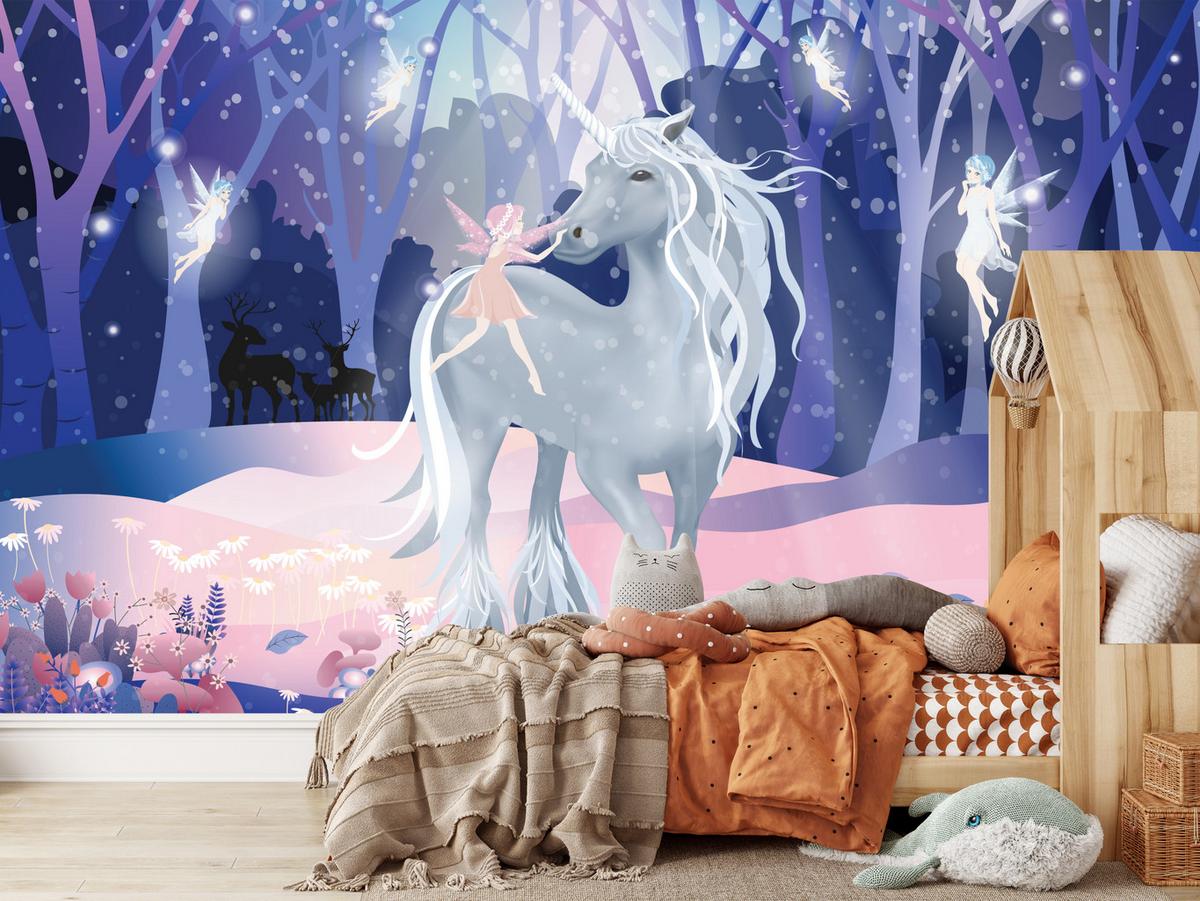 FOTOTAPETE für Kinderzimmer Einhorn Feen Magischer Wald 300x210 - Blau/Violett, Papier (300/210cm) - Muralo