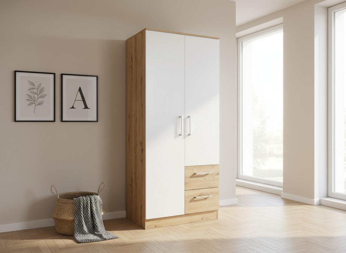 KLEIDERSCHRANK 90/201/54 cm Weiß Artisan Oak mit Drehtüren - Silberfarben/Weiß, Holzwerkstoff/Kunststoff (90/201/54cm) - arthur berndt