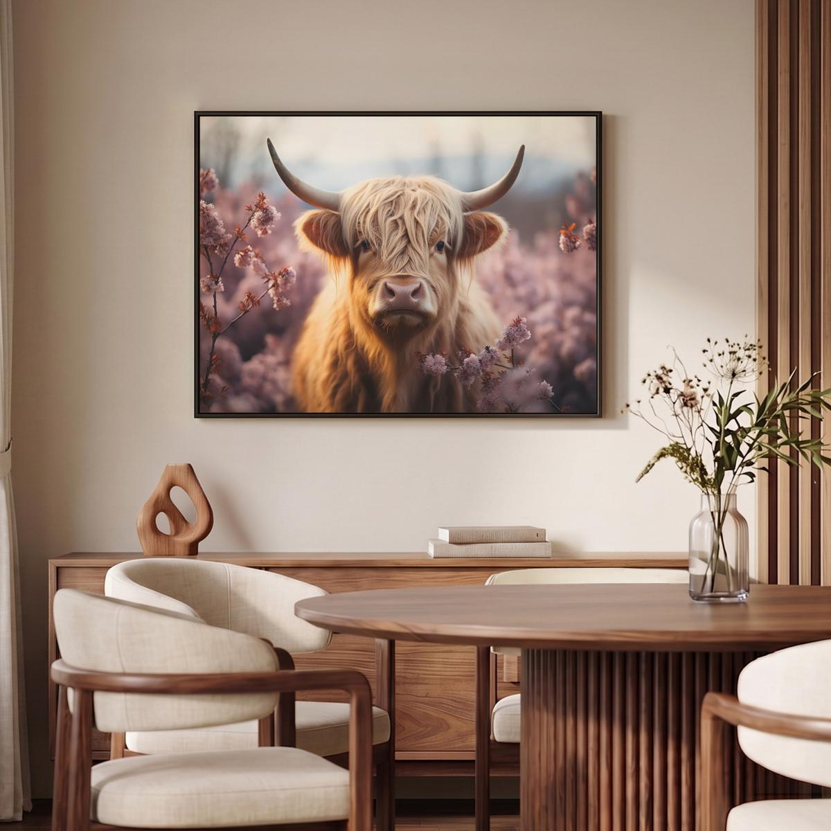LEINWAND Bilder mit Rahmen - Schottischer Hochländer - Frühling - Hochland - 100x70 - Hellrosa, Textil (100/70cm) - MuchoWow