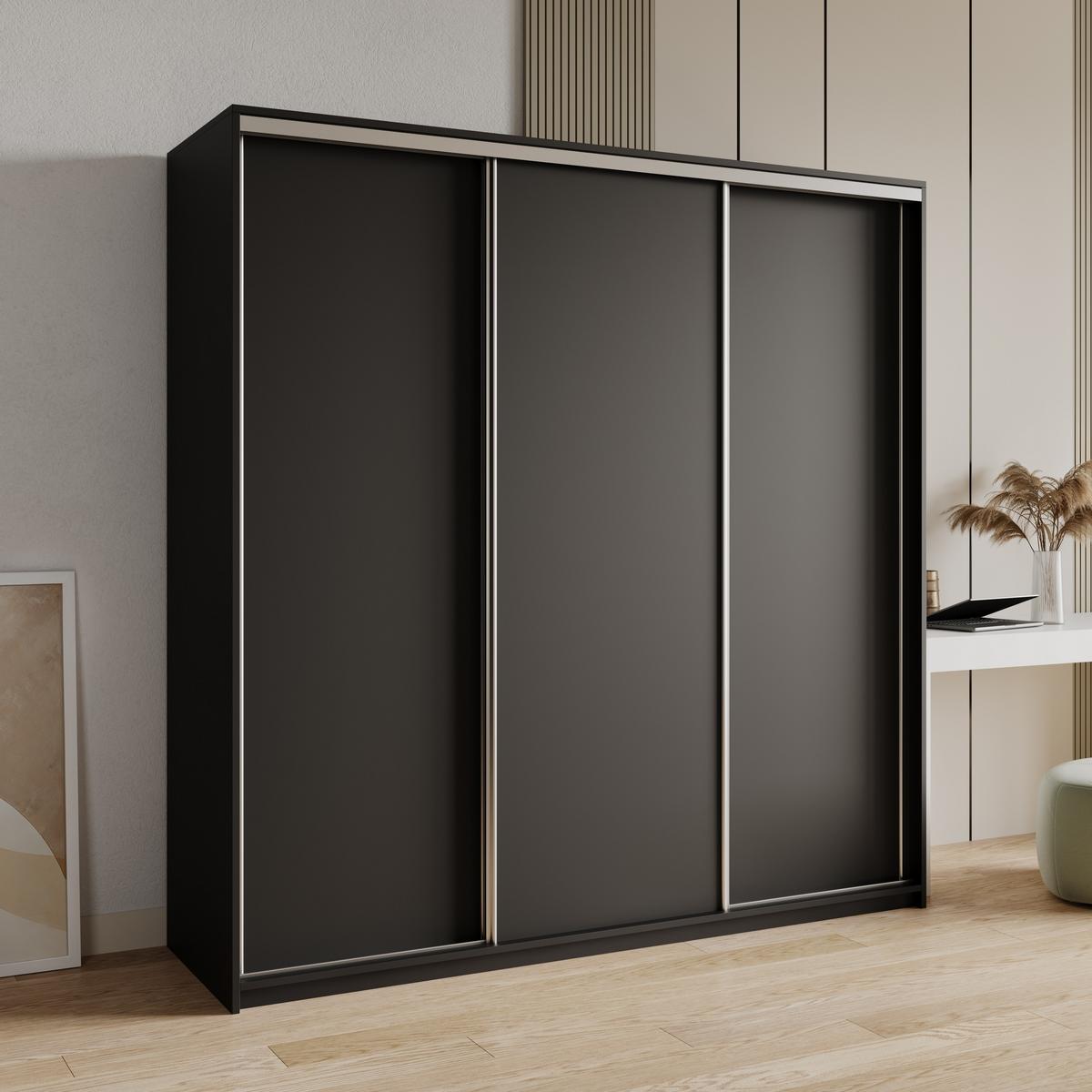 SCHWEBETÜRENSCHRANK NISSE 180/205/60 cm 3-türig mit Schubladen Schwarz - Schwarz/Nickelfarben, Holzwerkstoff (180/205/60cm) - MASSENO