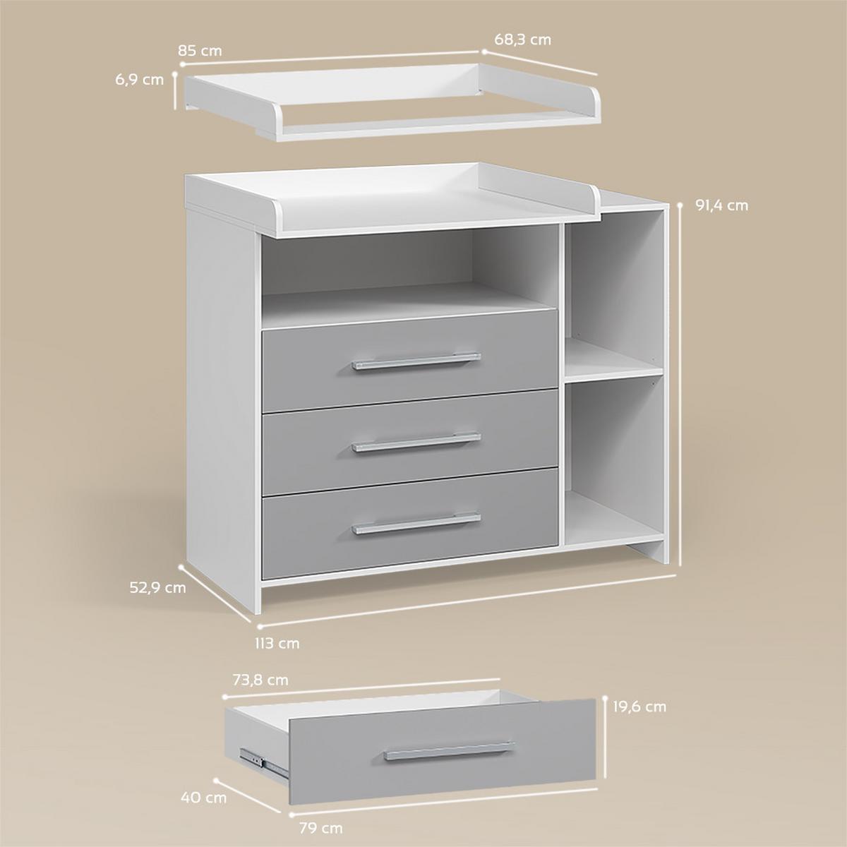 WICKELKOMMODE Torino Weiß/Grau mit Schubladen - Weiß/Grau, Holzwerkstoff (113/100/53cm) - Livinity®