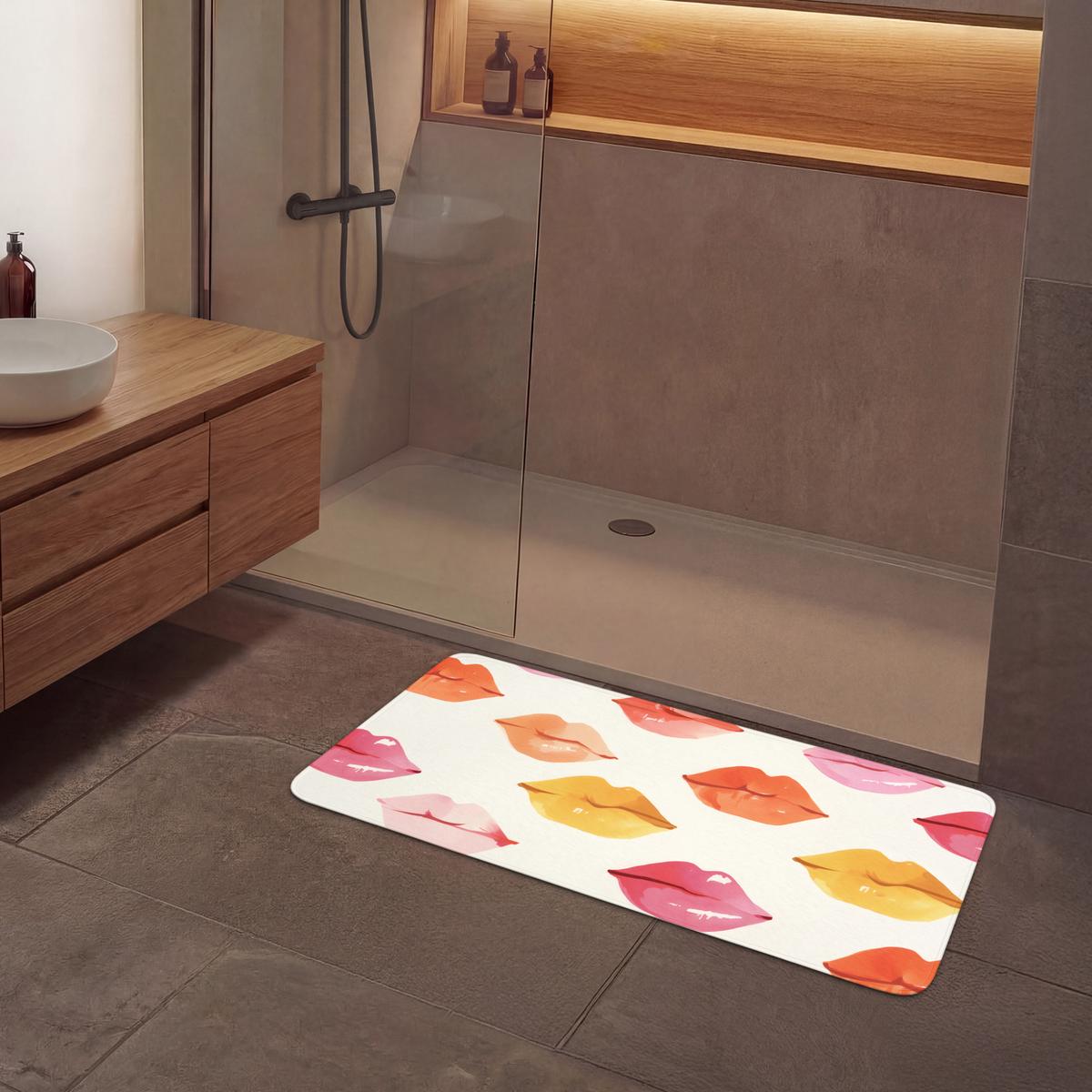 BADEMATTE Lippen - Bunt - Glänzend 120x60 cm - Rosa, Textil (120/60cm) - OnlyWow