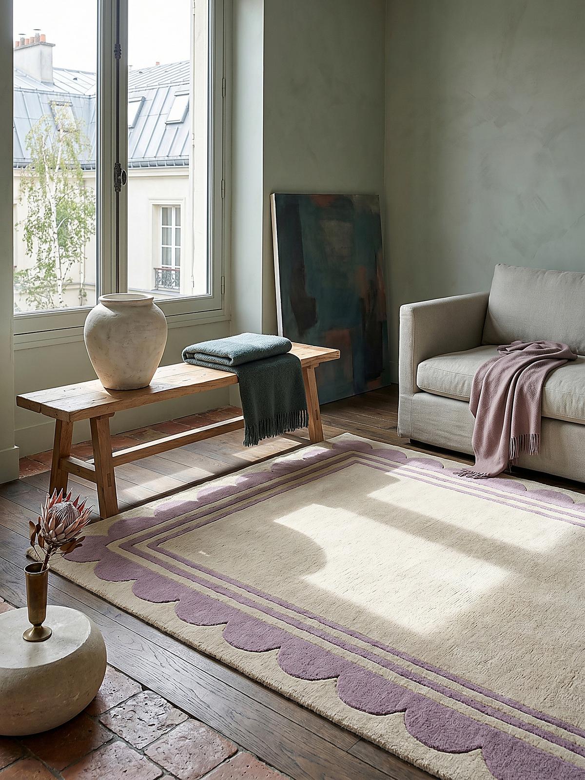 WOLLTEPPICH WENSUM, mit grafischem Muster mit Rahmen, Lila-Beige, 120 x 170 cm - Lila, Textil (170/120cm) - KADIMA DESIGN