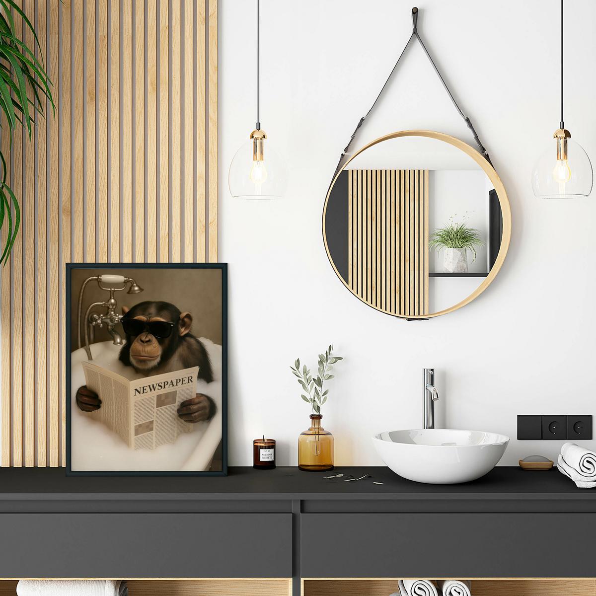 POSTER für Badezimmer WC SCHIMPANSE in Badewanne Affe mit Zeitung Abstraktion 50x70cm - Beige/Schwarz, Papier (50/70/70cm) - Muralo