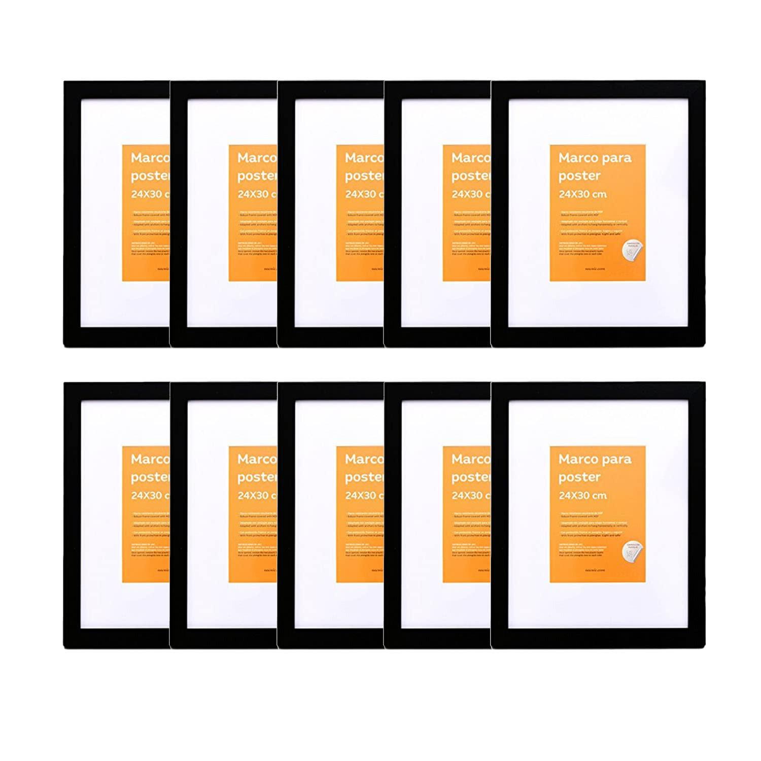 RAHMEN Set mit 10 aus MDF und Acrylglas Schutz und Aussteller für Fotografien, Bilder, Poster, Gemälde, Dekoration für Haus Farbe Schwarz A4 - Schwarz, Holz (21/3cm) - Nacnic