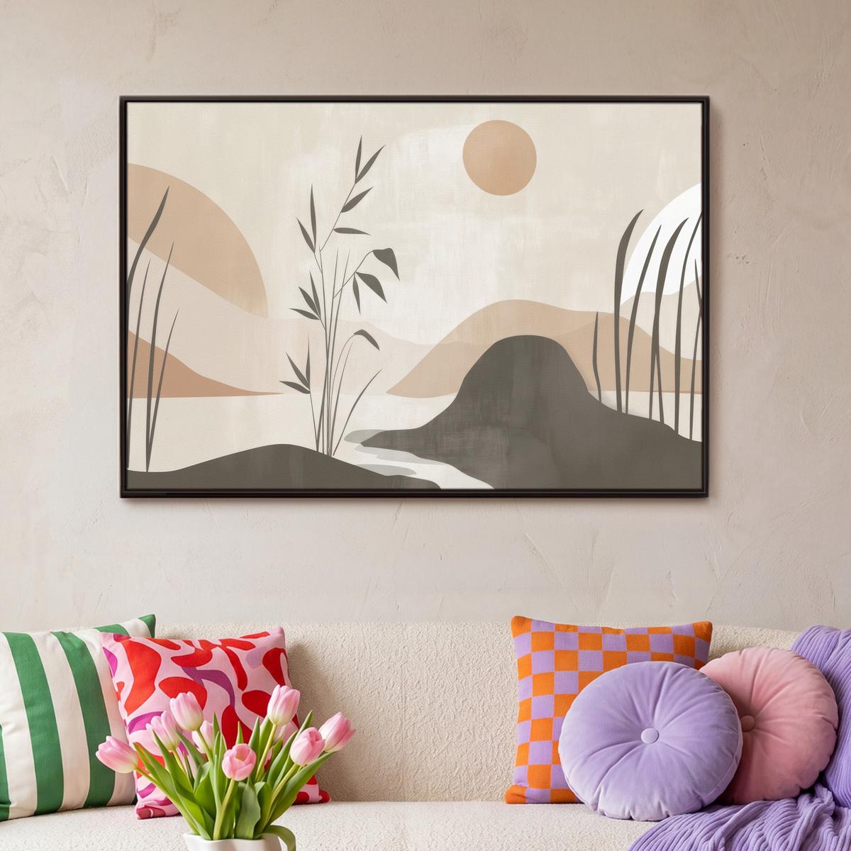 LEINWAND Bilder mit Rahmen - Japandi - Landschaft - Beige - 90x60 - Cognac, Textil (90/60cm) - MuchoWow