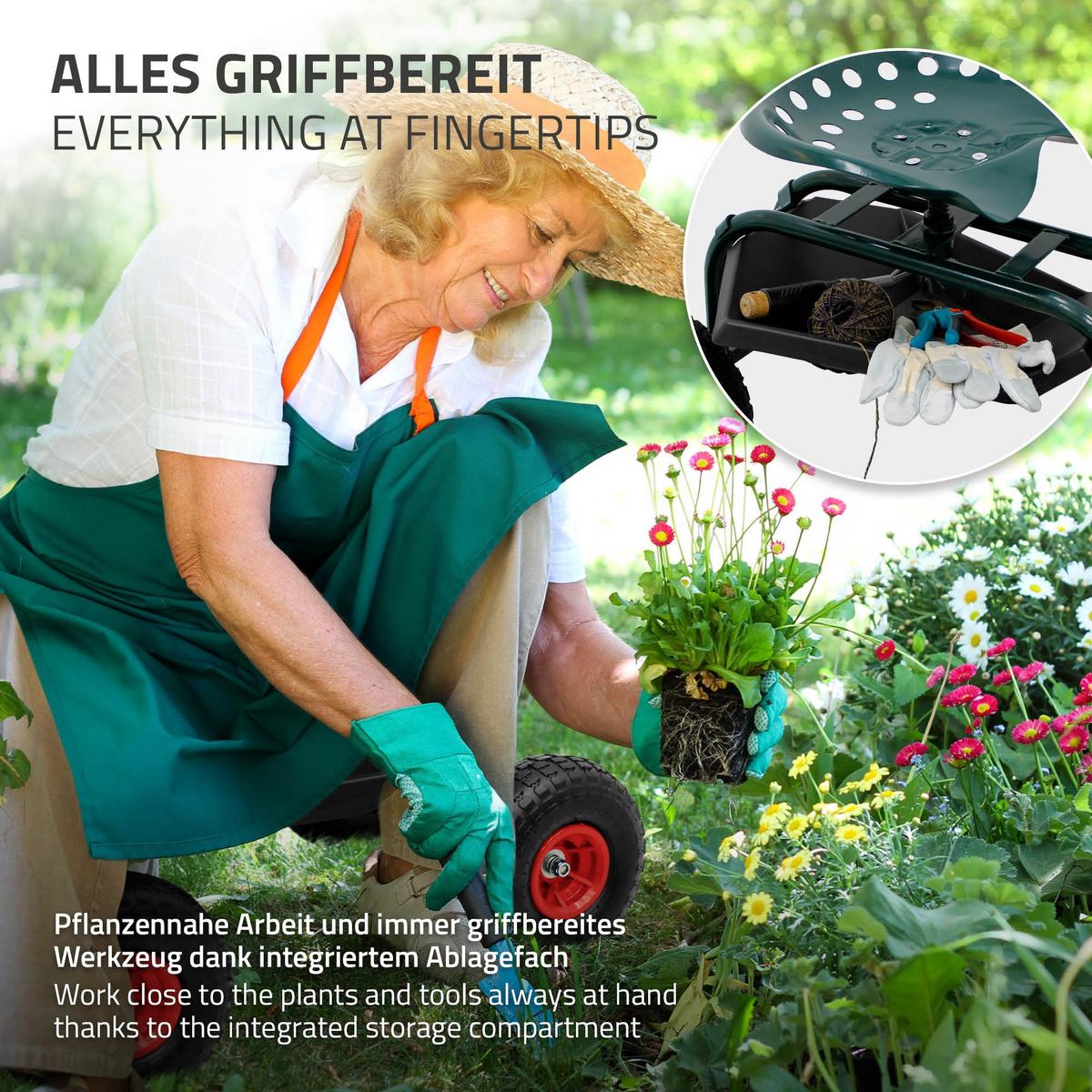 GARTENROLLSITZ Grün aus Stahl 360° drehbar/höhenverstellbar bis 150 kg - Grün, Metall (42/49/84cm) - ECD-Germany