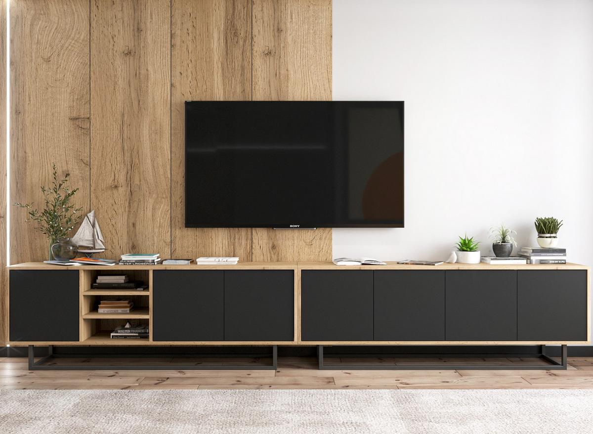 TV-SCHRANK 2-er Set Apollo Eiche wotan Schwarz Matt 150 cm - Schwarz, Holzwerkstoff/Metall (300/53/35cm) - Meble Lindner