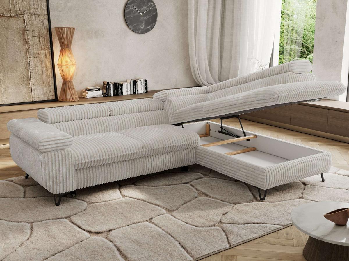 ECKSOFA PABLO L Beige Cord - Rechts Seite mit T25 Topper - Beige/Schwarz, Textil/Metall (273/208cm) - MKS