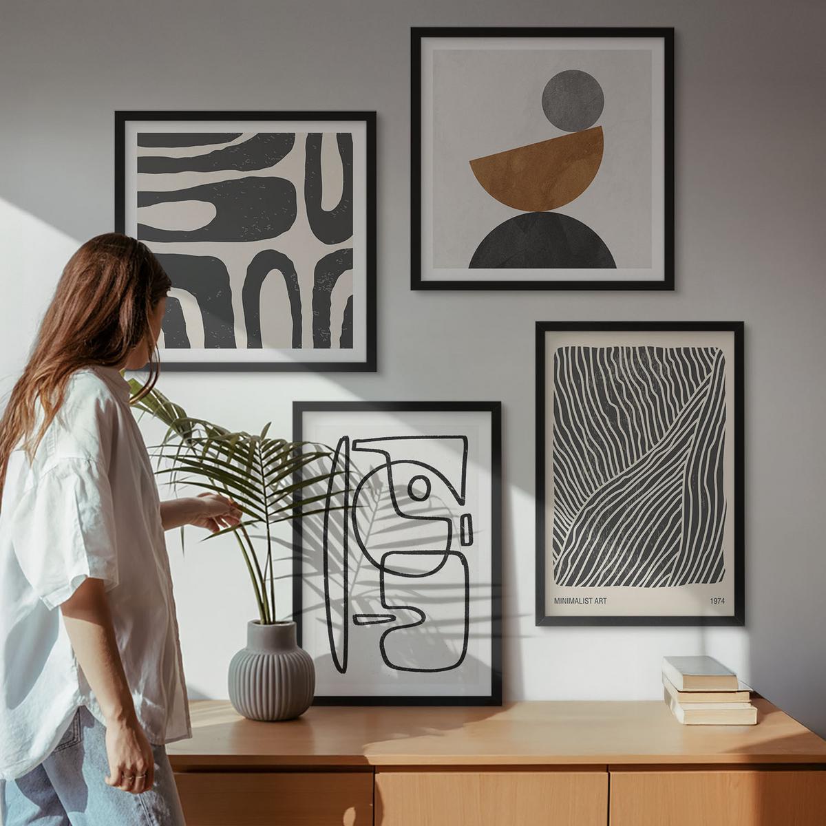 BILDER SET 4er Set - 50x50 cm & 40x60 cm Schwarzer Rahmen - Abstrakte Muster mit Linien - Schwarz, Kunststoff (50/50cm) - TULUP
