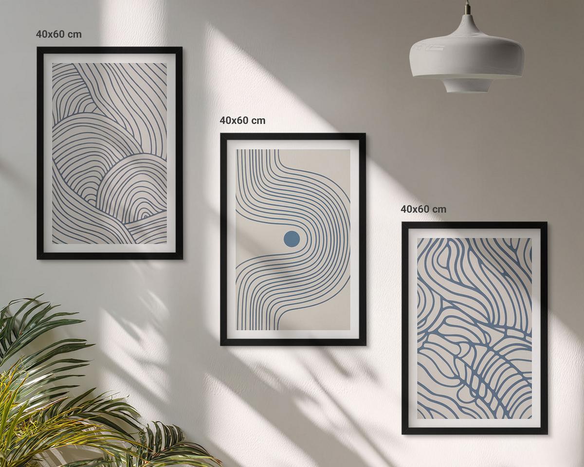 BILDER SET 3er Set - 40x60 cm Schwarzer Rahmen - Abstrakte Linien, Wellenformen - Schwarz, Kunststoff (40/60cm) - TULUP