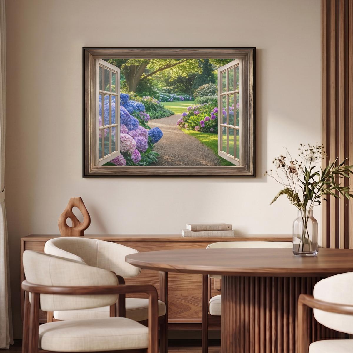 LEINWAND Bilder mit Rahmen - Aussicht - Garten - Fenster - Hortensie - Blumen - 100x70 - Pastellblau, Textil (100/70cm) - MuchoWow