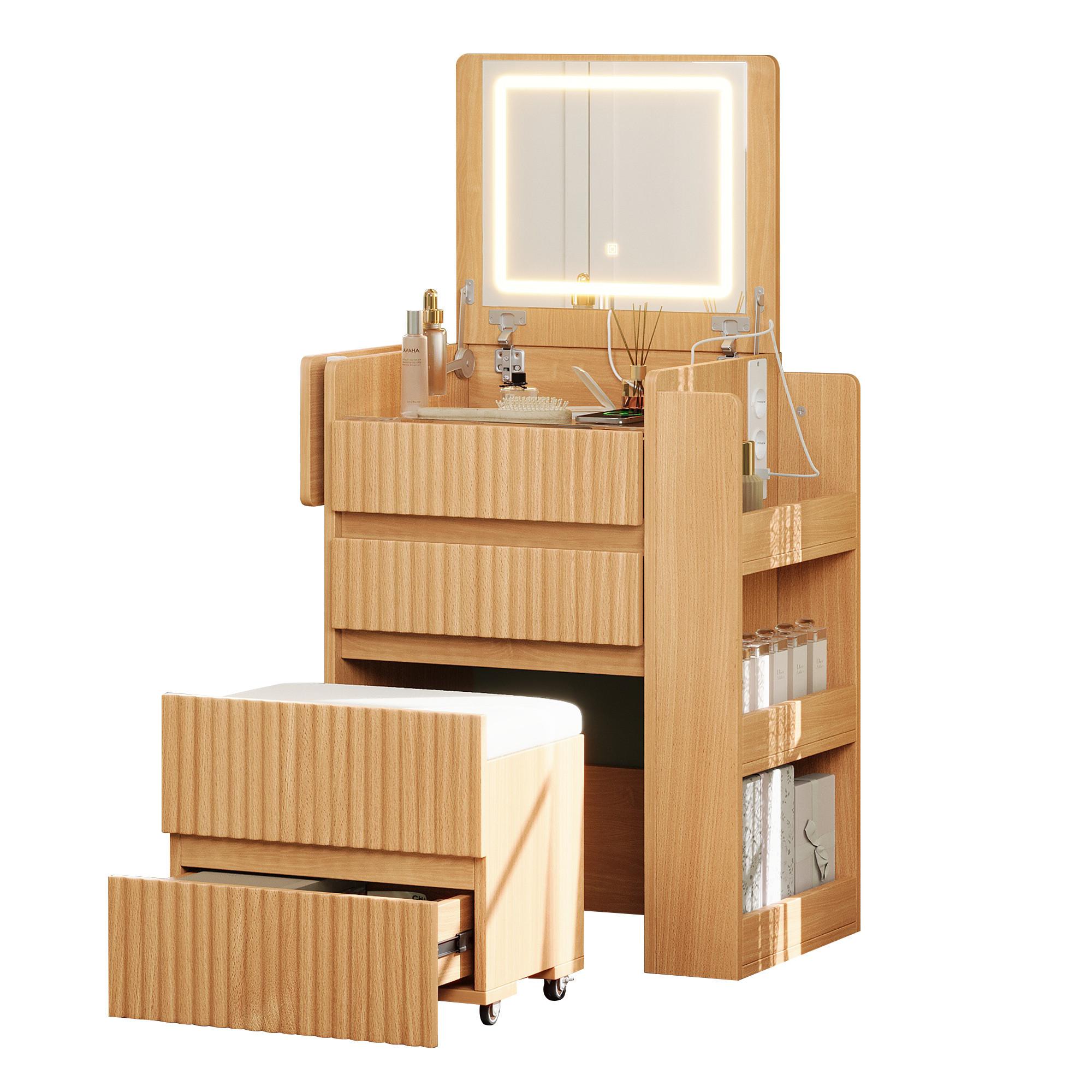 SCHMINKTISCH mit Hocker Naturholzoptik mit LED-Klappspiegel, Ladestation - Naturfarben, Holzwerkstoff (79/120/40cm) - Urban Meuble