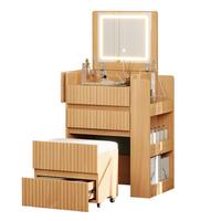 SCHMINKTISCH mit Hocker Naturholzoptik mit LED-Klappspiegel, Ladestation - Naturfarben, Holzwerkstoff (79/120/40cm) - Urban Meuble