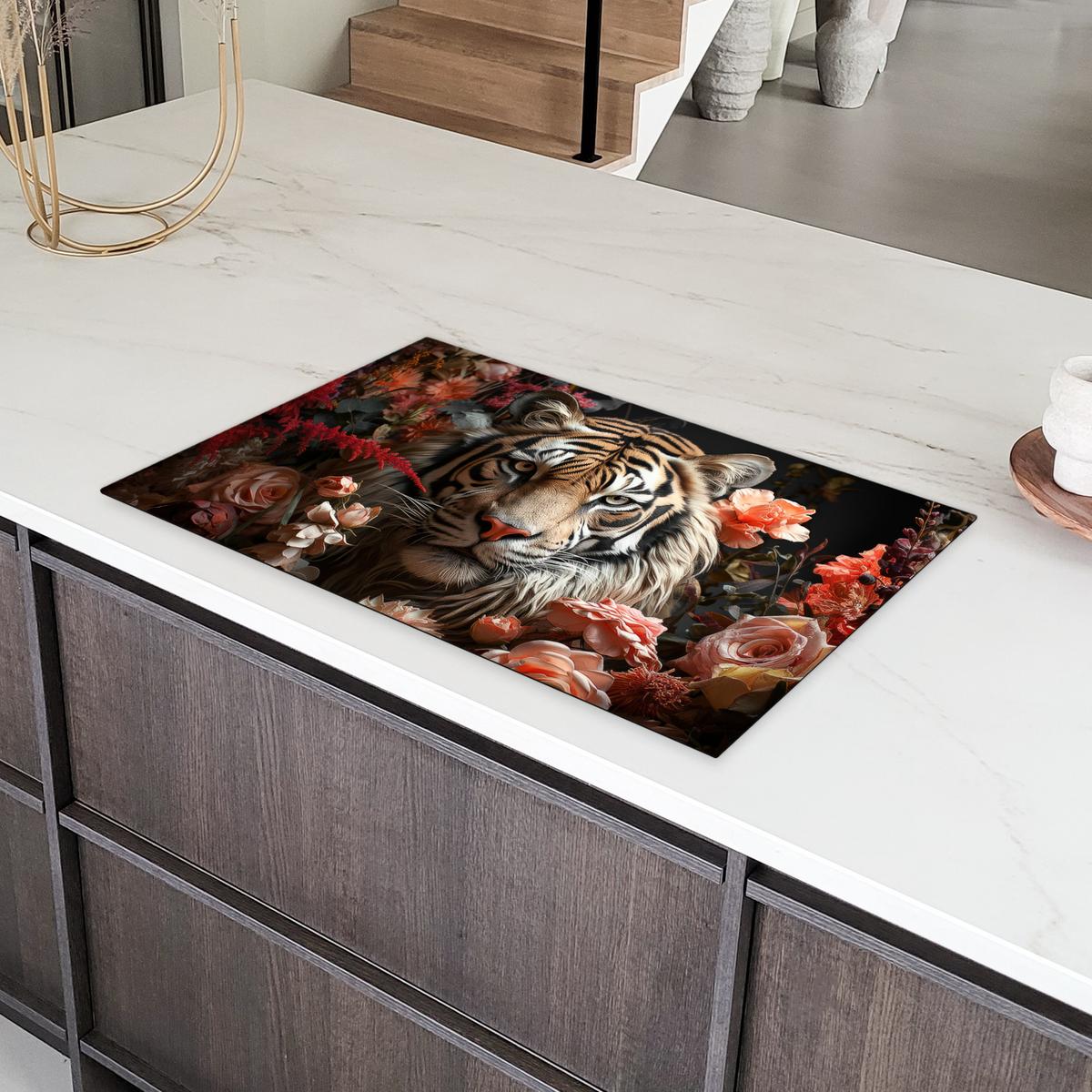 HERDABDECKPLATTE Tiger - Tier - Natur - Floral - Botanisch Induktionsmatte 83x51 cm - Orange, Kunststoff (83/51.5/0.2cm) - MuchoWow