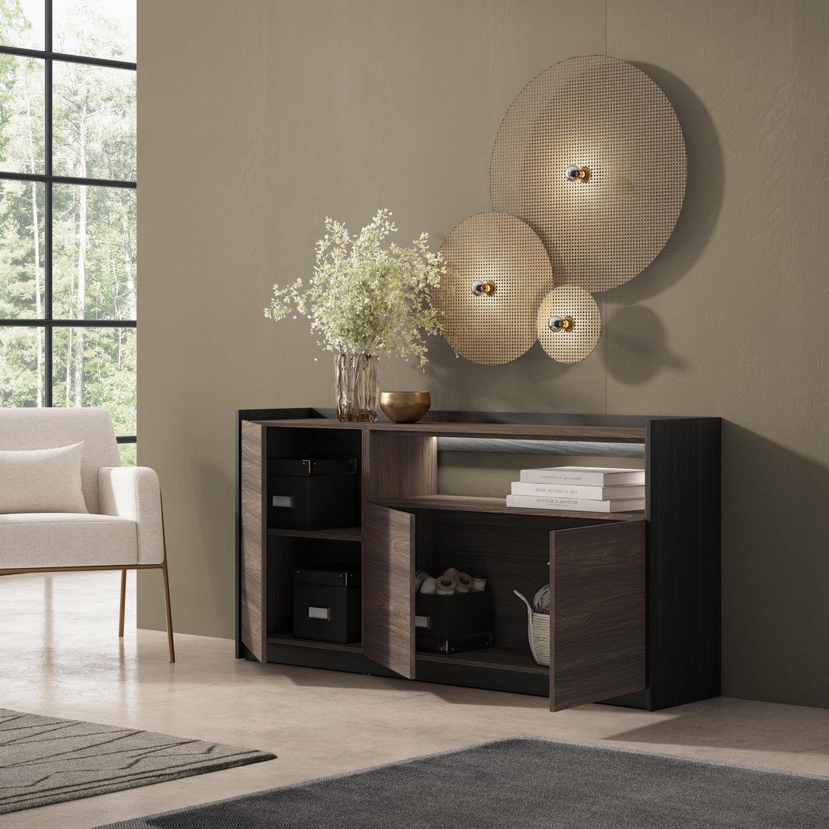 SIDEBOARD, Dunkler Eiche und Schwarz, 156/37/80cm, mit Led - Dunkelbraun, Holzwerkstoff (156/80/37cm) - Skraut Home