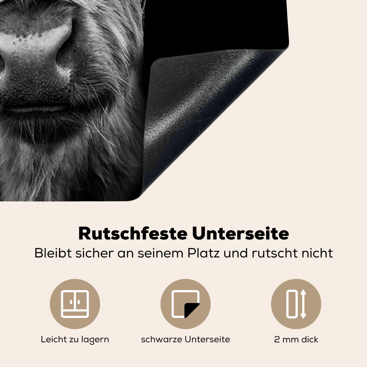 HERDABDECKPLATTE Schottischer Highlander - Hörner - Schwarz - Weiß - Kuh - Wild - Tiere Abdeckung Ceranfeld 58.3x51.3 cm - Schwarz, Kunststoff (58.3/51.3/0.2cm) - MuchoWow