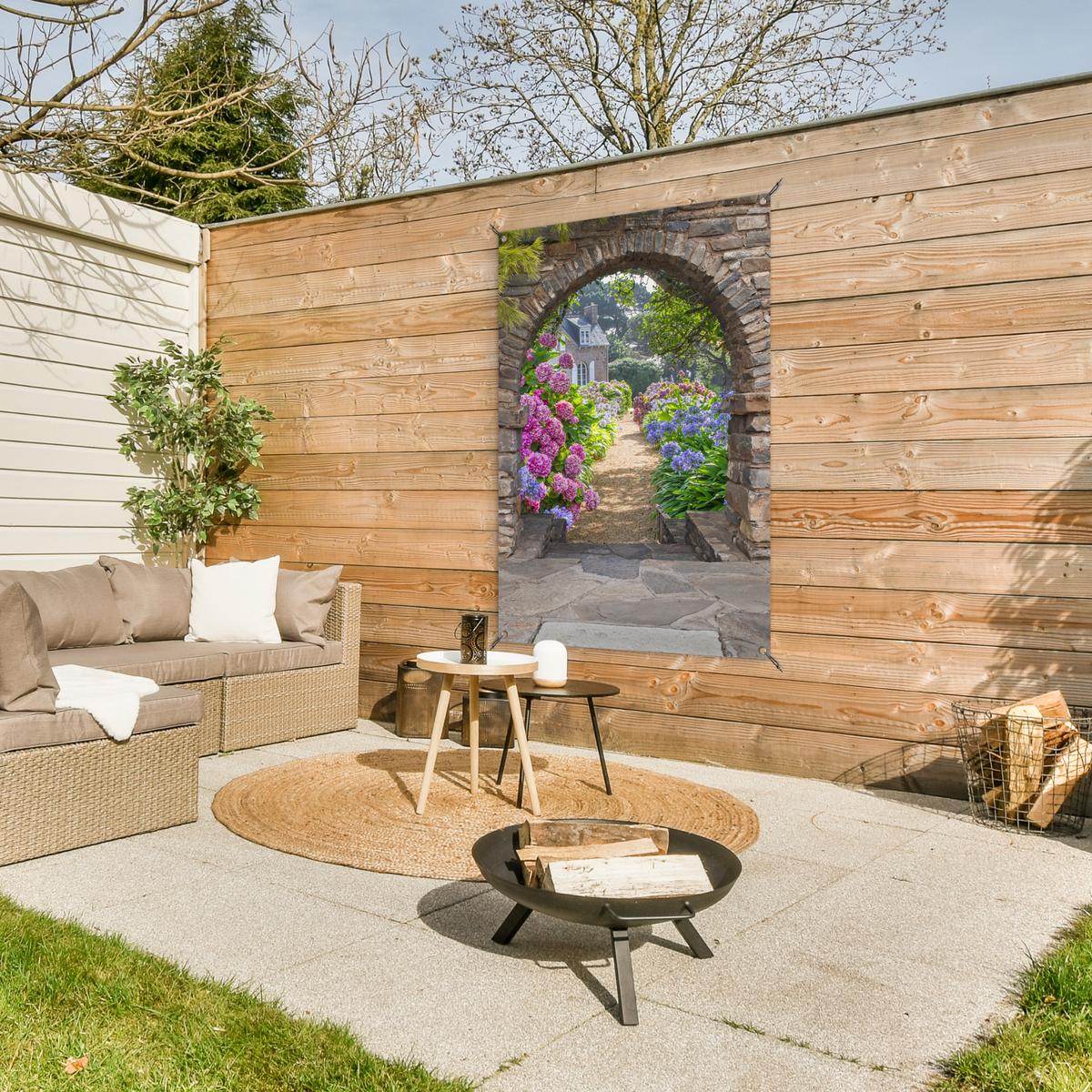 GARTENPOSTER Blumen - Guck-guck - Hortensie - Sommer Outdoor Bilder 80x120 cm - Braun, Kunststoff (80/120/0.2cm) - OnlyWow