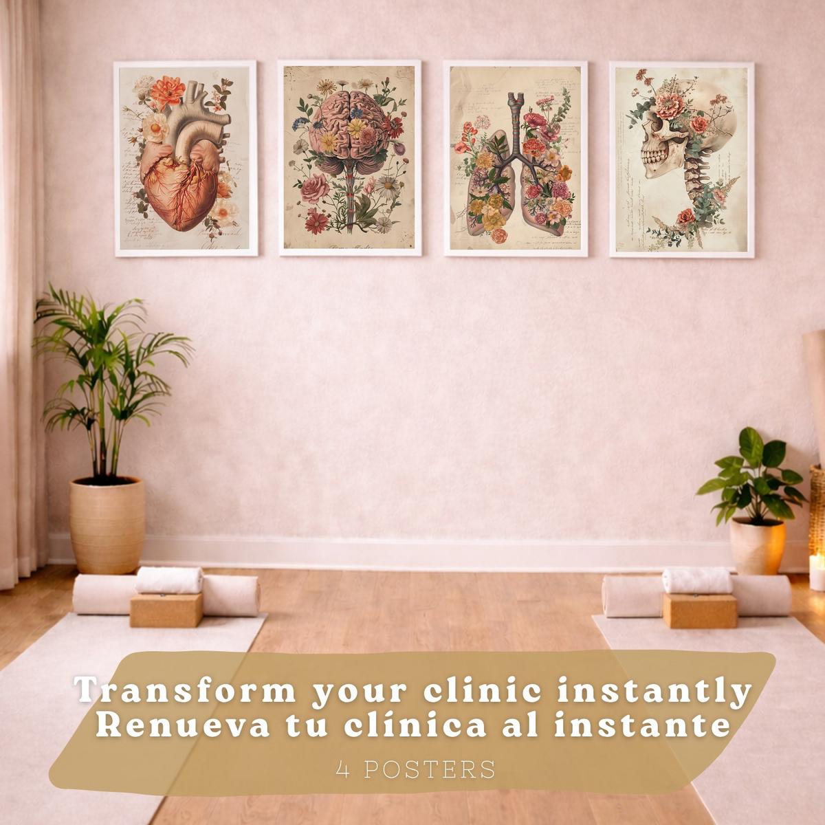 POSTER Set aus 4 Vintage Anatomie Drucke und Wandbilder mit Blumen Herz Lungen Schädel und Gehirn Medizinische Wanddekoration Größe Weißer Rahmen A4 - Weiß, Papier (21/29.7/3cm) - Nacnic